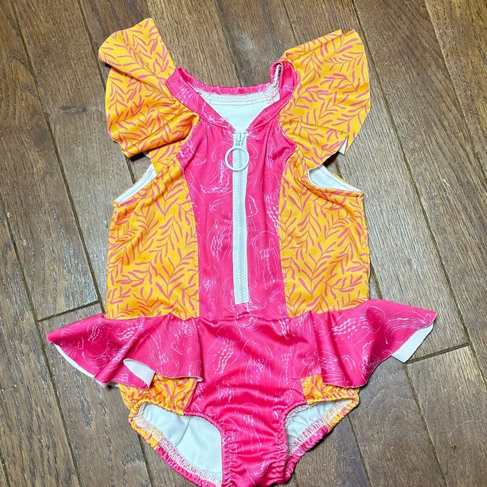 🌟Custom Made🌟 Pink and Orange Ruffled Swimsuit 12–18 months